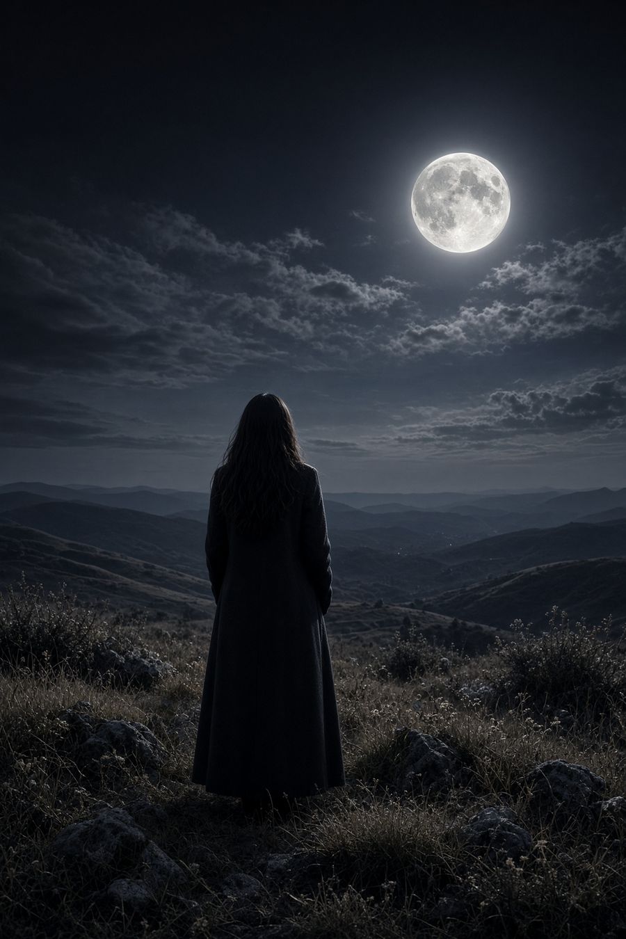 A person standing on a night hillside, looking up at the moon